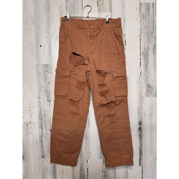 Forever 21 Brown Distressed Cargo Pants Women’s Size L Jogger Style Pockets - Picture 2 of 12